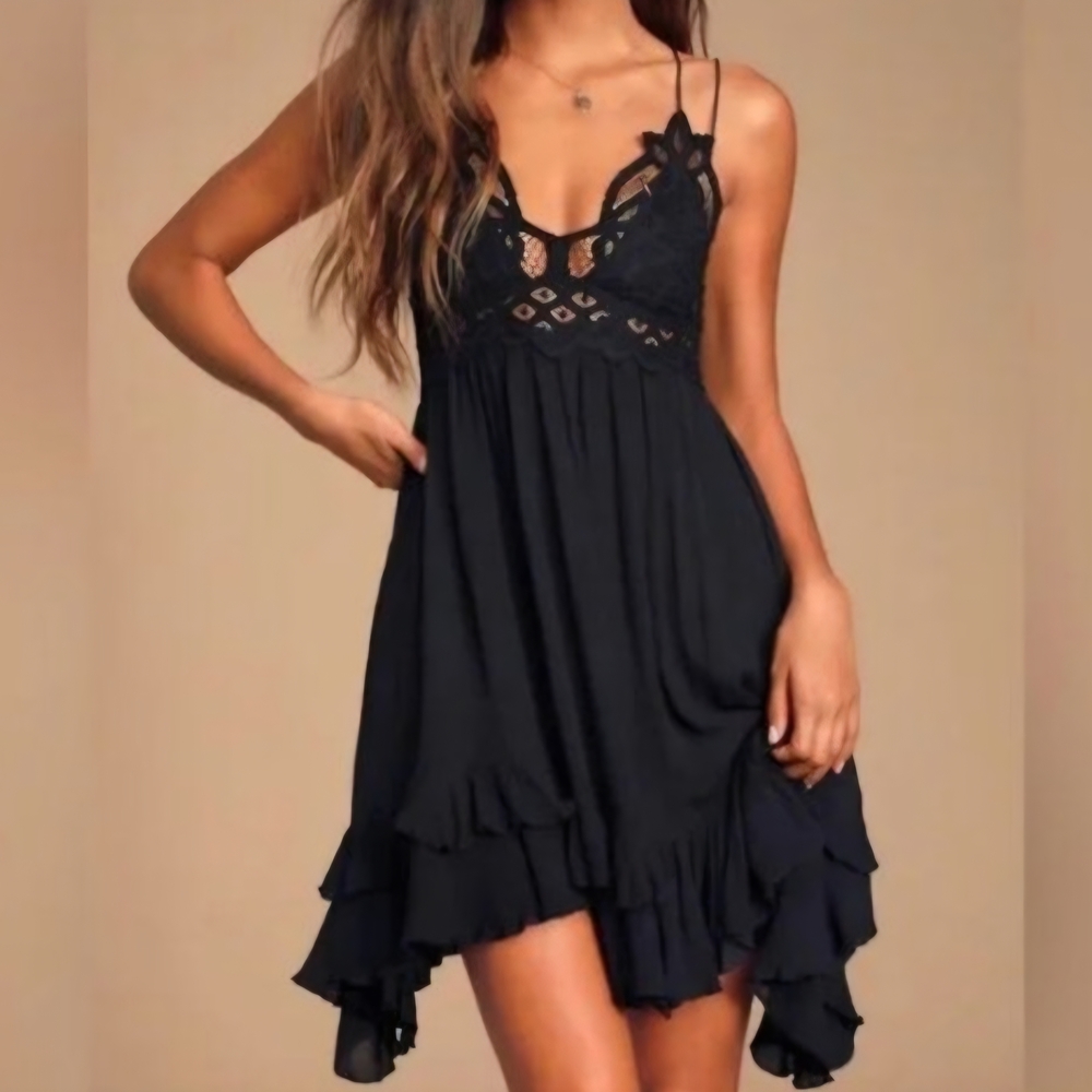 Elegant Black Lace Trim Dress